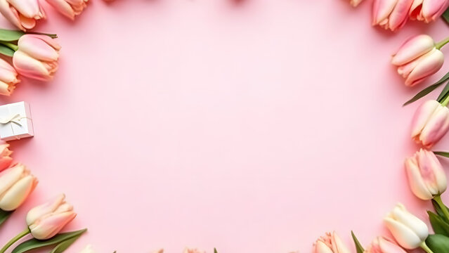 floral composition banner with tulips flowers border frame with small gift boxes on light pink background top view template with copy space