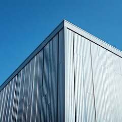 Architectural Detail Corrugated Metal Building Corner Against Blue Sky Backdrop, Minimalist Composition