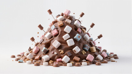 A mound of chocolate topped with marshmallows