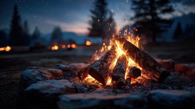 Warm campfire flames crackling under a vast starry wilderness sky - Powered by Adobe