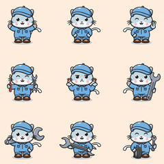 Vector Illustration of Cat Mechanic Cartoon Character. Mechanic Character Vector Illustration. Cat Character animal. Mechanic Mascot.