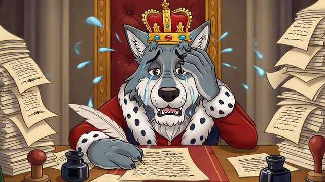 Cartoon illustration of a overwhelmed wolf king with an immense pile of documents