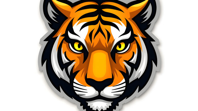 A tiger head with yellow eyes on a white background