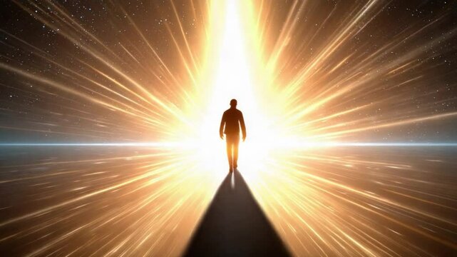 Journey to the Light: Silhouette of a solitary figure emerges from the darkness, drawn towards a radiant beacon of light. It symbolizes hope, spiritual enlightenment, and the pursuit of a higher path.