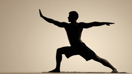 Side silhouette of man doing warrior II pose, isolated on light background with generous right-hand space