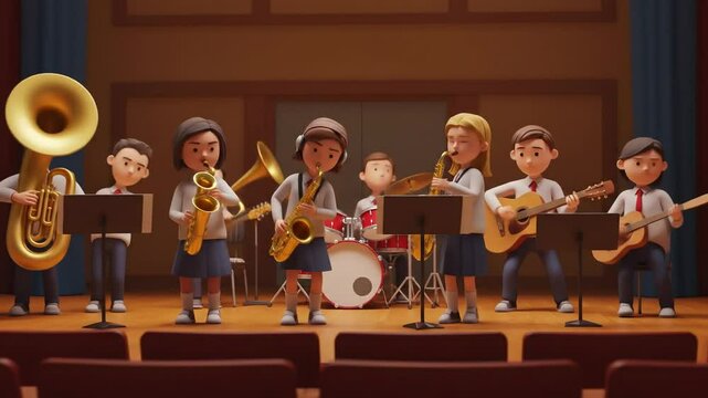 Cartoon illustration of children playing musical instruments on stage in a school auditorium