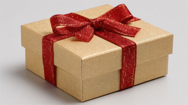 Festive gold gift box wrapped with red ribbon bow, luxury and elegance combined