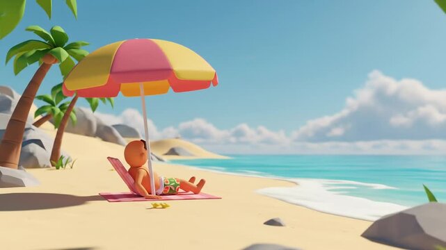Cartoon person relaxing on a beach under an umbrella on a sunny day