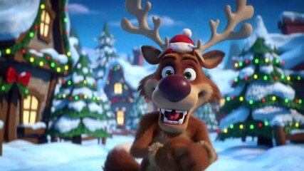 Cartoon reindeer in snowy christmas village animated illustration festive holiday scene - Powered by Adobe