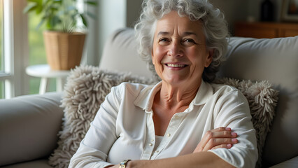 Relaxed 50 year old woman with curly gray hair enjoying calm living room moment embodying confident lifestyle vibe