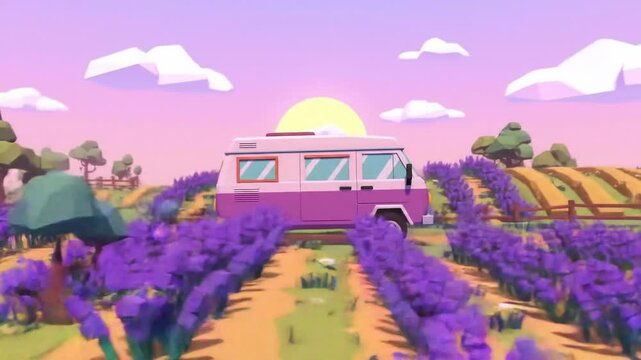 Cartoon style camper van in lavender field outdoor landscape illustration
