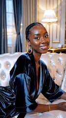 Young black woman wearing a blue velvet robe is lying on a luxurious white sofa in a fancy hotel room, smiling and enjoying her relaxing stay