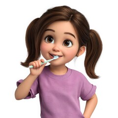 Adorable cartoon girl brushing teeth isolated on white background