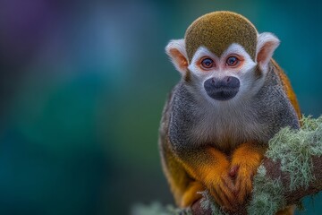 Fototapeta premium A squirrel monkey is resting between jungle branches in Costa Rica