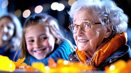 Grandmother wearing eyeglasses and orange winter jacket smiling during a night celebration with blurred children and lights in the background
