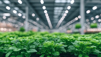 Inside a spacious greenhouse, rows of young plants thrive under the warmth of abundant sunlight, exemplifying modern agricultural practices and sustainable farming methods