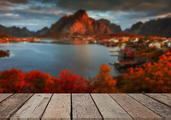 Wooden table top on blur stream water and forest natural background in lagoon or river.For montage product display or design key visual layout.view of copy space.