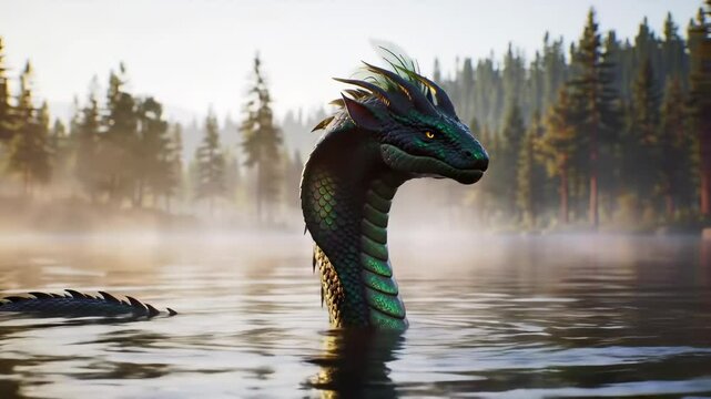 Dragon serpent in misty forest lake