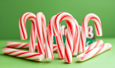 Festive close-up of several candy canes standing upright against a green background, perfect for Christmas or holiday themes.
