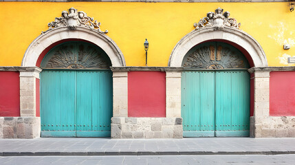 Vibrant teal doors on a colorful colonial building in Mexico.  Architectural details and rich hues create a visually striking image.