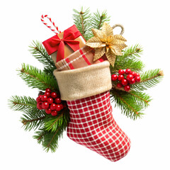 Red Christmas Stocking Gifts Pine Sprigs Candy Cane