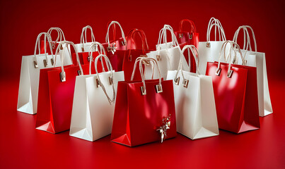 A cluster of elegant red and white shopping bags on a red background, ideal for retail, holiday, or shopping themes.