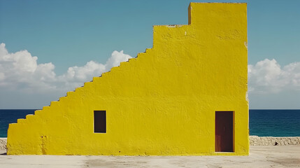 Vibrant yellow coastal structure resembling a stairway to the sea under a bright blue sky.  A unique architectural design against a serene ocean backdrop.