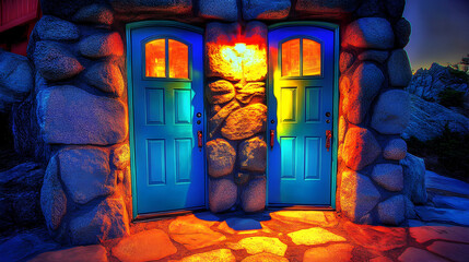 Mysterious teal doors set in a vibrant, glowing stone wall at night.  A captivating image ideal for fantasy, mystery, or adventure themes.