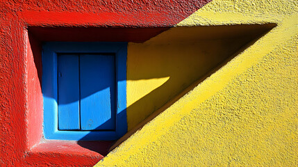 Abstract image of a vibrant blue window set against a backdrop of bold red and yellow stucco.  The contrasting colors and geometric shapes create a visually striking composition.