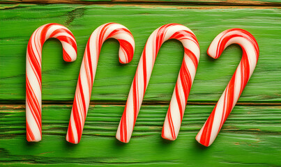 Four candy canes arranged on a green wooden background, perfect for Christmas and holiday themes.