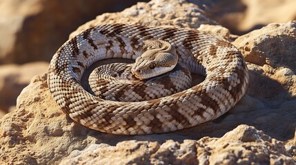 Fototapeta premium Coiled Rattlesnake Resting on Desert Rock with Scale Detail Close-up