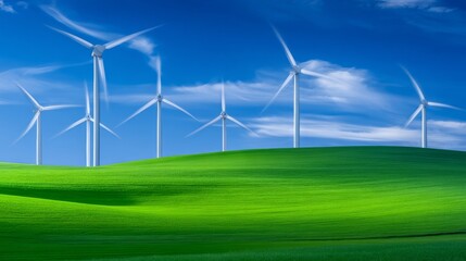 The horizon is dotted with wind turbines set against a scenic landscape of green energy fields