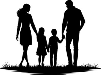 A silhouette family of four is holding hands and walking together