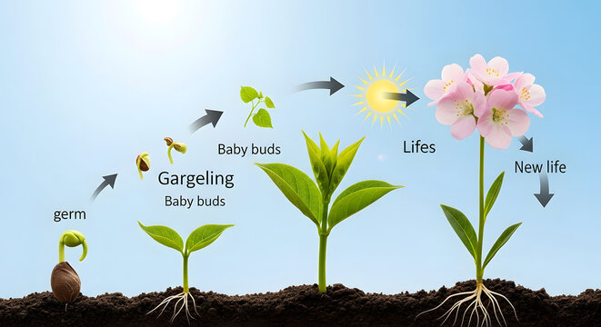 Plant Life Cycle Illustration Seed Germination, Growth, Buds, Flowers and New Life, Biology, Nature.
