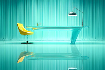 Modern minimalist office interior with a transparent glass desk, yellow chair, and turquoise curtains.  Stylish and sophisticated workspace.