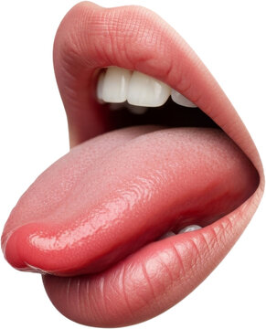Close-up of a human mouth with tongue sticking out and touching the lips. High-resolution image ideal for concepts related to taste, expression, sensuality, or oral anatomy. Transparent background