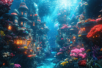 A fabulous underwater kingdom with castles and vibrant coral reefs. Generated by artificial intelligence