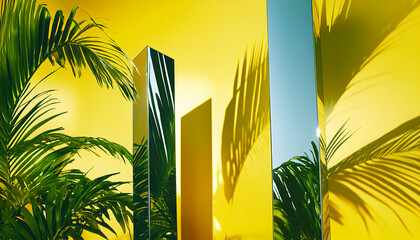 Tropical palm leaves cast shadows on a bright yellow wall, reflected in sleek, modern mirrored pillars. A vibrant summer scene with strong geometric shapes and natural elements.