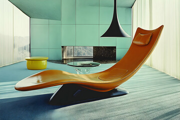 Mid-century modern chaise lounge in a stylish, minimalist interior with a view.  Perfect for design, architecture, and lifestyle projects.