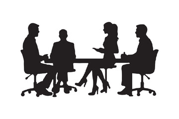 Group of people sitting around a long table, Sitting table flat silhouette vector