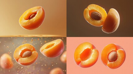 Four split apricots, digitally rendered, levitating against varied backgrounds