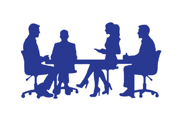 Group of people sitting around a long table, Sitting table flat silhouette vector