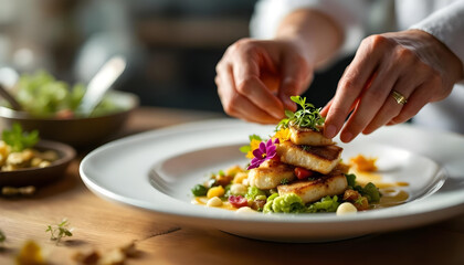 Close-up of chef’s hands artfully plating a gourmet dish with delicate garnishes in natural light.