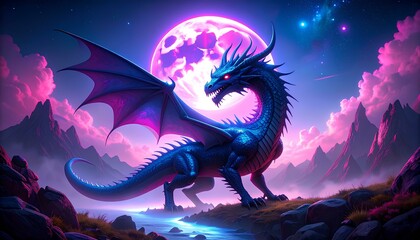 digital illustration of dragon in the night sky