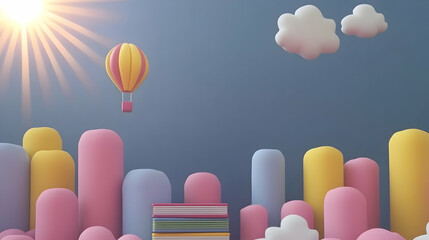 Pastel-colored landscape with hot air balloon, book stack, and clouds.  Perfect for children's books, education, or whimsical designs.