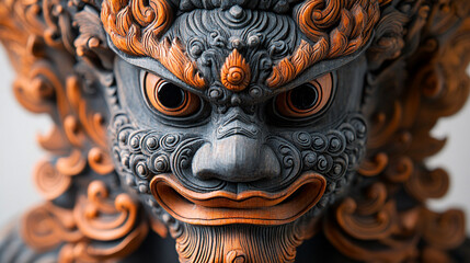 Fierce guardian statue face, ornate details, neutral background, cultural display