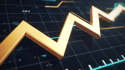 Futuristic 3D financial chart, glowing golden zigzag line graph on a dark grid background, light reflections, neon highlights, digital finance theme - Powered by Adobe
