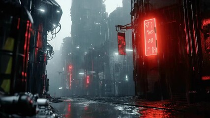 Crimson neon signs casting dramatic shadows across rain drenched streets, revealing gloomy cyberpunk urban landscape during moody nocturnal scene - Powered by Adobe