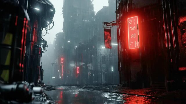Crimson neon signs casting dramatic shadows across rain drenched streets, revealing gloomy cyberpunk urban landscape during moody nocturnal scene - Powered by Adobe