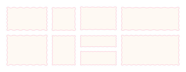 Set of pink wavy rectangular stamp borders with corrugated edges. Aesthetic pastel doodle frame textbox collection.